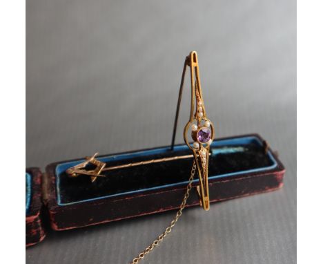 A 15ct gold amethyst and seed pearl bar brooch, approximately 3.8 grams together with a 9ct gold masonic stick pin, approxima