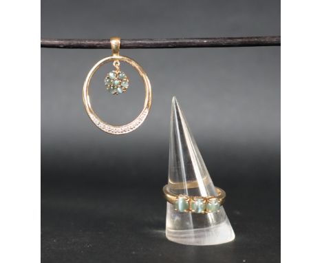 A 9ct gold dress ring set with three cabochon hardstones, size N 1/2, together with a similar pendant of oval; form approxima