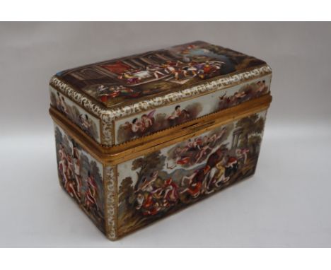 An 18th century style Italian porcelain table casket decorated in relief with scenes of battles and life from antiquity, incl