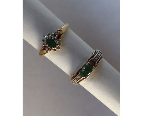 A 9ct gold emerald and diamond ring with an oval faceted emerald surrounded by diamonds, size P, approximately 2.5 grams toge