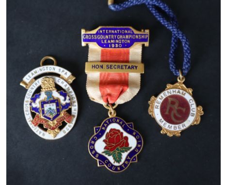 A 1928 gilt metal and enamel decorated medallion for the Leamington Spa National Cross Country Championship together with a 1