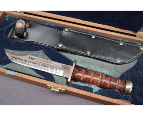 A Japanese Wenoka 24K Gold Plated stainless steel knife, marked UDT To honor those who cleared the way, The Navy Frogmen, D-D