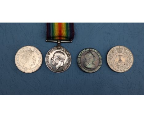 A World War I British War medal issued to 34670 WKR E M Daplyn, QMAAC together with a 1797 cartwheel penny and two other coin