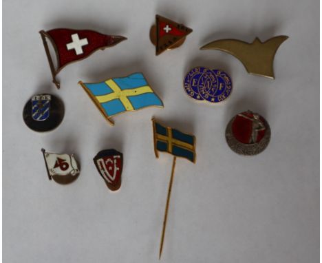 An Ottoman, Turkey Sports Societies Alliance enamel lapel Badge, together with a blue enamel EAF pin badge, a Goteborg IFK Fo