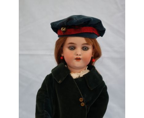 A Simon & Halbig bisque head doll, marked 1079 Halbig S&H, Germany, 6,  weighted blue glass eyes, open mouth top teeth visibl