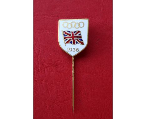 A 1936 Berlin Olympic Games Great Britain team lapel pin, by Phillips Aldershot, gilt-metal shield-shaped enamel pin with nat