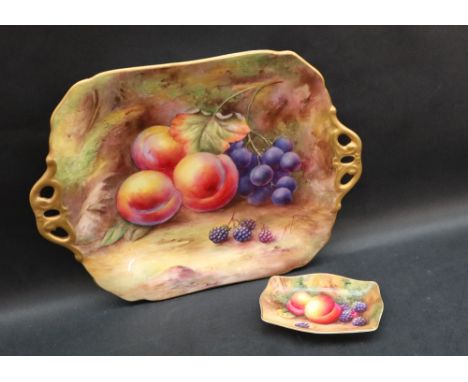 A Royal Worcester twin handled dish, painted with peaches, grapes and blackberries signed H H Price, 27.5cm wide, puce mark, 