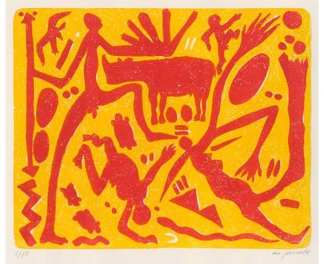  Penck, A. R.: Das rote Flugzeug  Das rote Flugzeug  Farblithographie auf Velin. 1985.  49,5 x 59,5 cm (58 x 74 cm, Rahmenau