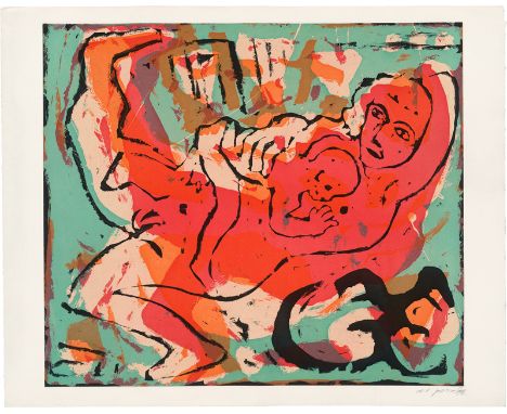   Penck, A. R.: Mutter mit Kind  Mutter mit Kind  Farbaquatinta auf gewalztem China, auf schwerem Velin.  68,7 x 79,5 cm (75,