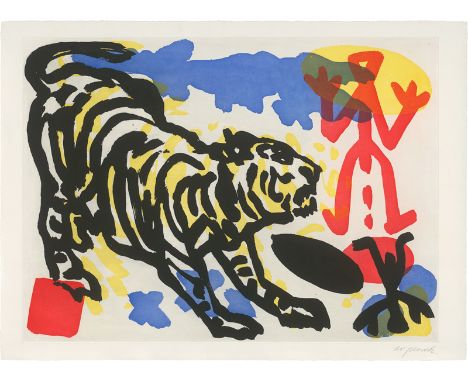   Penck, A. R.: Motiv VIII, aus: Berlin Suite  Motiv VIII, aus: Berlin Suite  Farbaquatinta auf Velin. 1990.  65,9 x 89,7 cm 