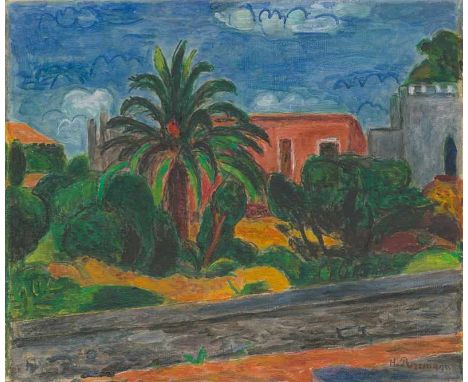   Purrmann, Hans: Landschaft mit Palme und Häusern  Landschaft mit Palme und Häusern  Öl auf Leinwand. 1957.  38,4 x 46,2 cm.