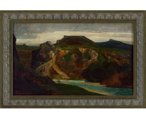   Hagemeister, Karl: Gebirgslandschaft bei Olevano  Gebirgslandschaft bei Olevano  Öl auf Leinwand. 1877.  39 x 64 cm.   Unte
