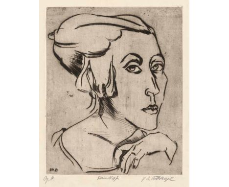   Böckstiegel, Peter August: "Frauenkopf"  "Frauenkopf"  Kaltnadel und Pinselätzung auf festem Velin.   45,9 x 37,6 cm (57,7 