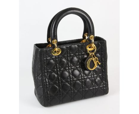 CHRISTIAN DIOR vintage 1990s-2000 black and gold Cannage quilted MEDIUM Lady Dior lambskin leather handbag with shoulder stra