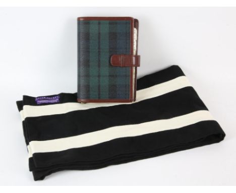 RALPH LAUREN a purple label monochrome striped college-style wool scarf * a ladies black velvet beret * A vintage black watch