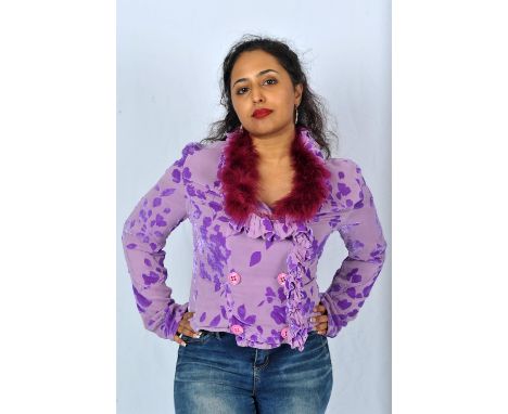 VOYAGE vintage 1990s purple silk and velvet jacket with burgundy marabou feather trim. Double breasted with buttons and hip p