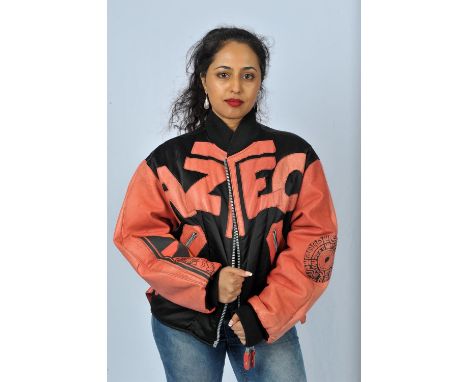 JET SET leather and fabric vintage ski jacket THE PEOPLE OF THE LABYRYNTHS unisex zipped jacket in red and black. Fits UK med