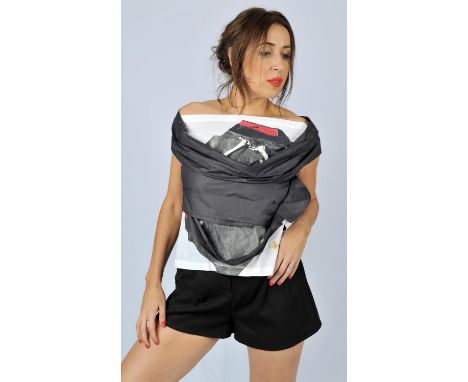 VIVIENNE WESTWOOD gold label black bondage-top with removeable white panel with statement print (!) c2003 UK14 (Fits UK8-12)C