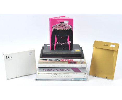 A collection of 11 vintage fashion coffee table books and 3 post-card packs to include SCHIAPARELLI * DIOR x 2 * FENDI * BVLG