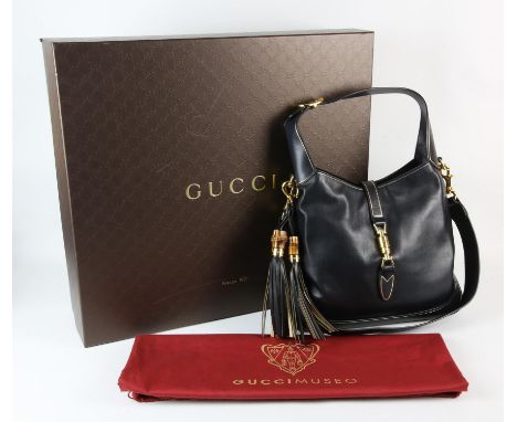 GUCCI MUSEO large navy blue leather JACKIE handbag with classic GUCCI flora lining and with gold coloured hardware, bamboo tr