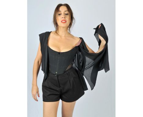 A VIVIENNE WESTWOOD GOLD LABEL black Italian silk with red tartan lining zipped corset/waistcoat with silk drape front and ba