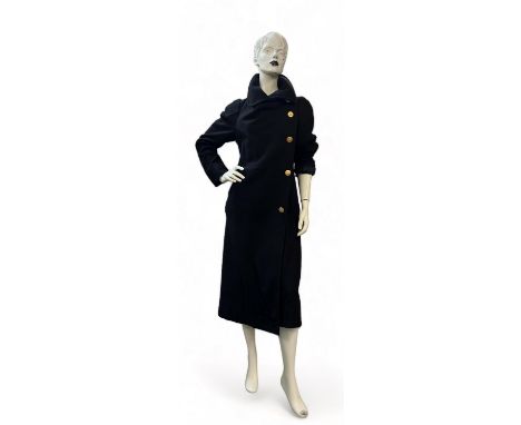 VIVIENNE WESTWOOD Red Label ladies black wool coat with funnel collar, signature lining and brass buttons with orb logo. EU46