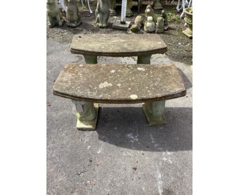 A pair of reconstituted stone garden bench seats, width 85cm, depth 40cm, height 37cm