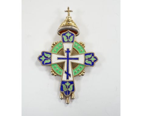 An early 20th century Russian polychrome enamel and gilt 84 zolotnik Romanov tercentenary cross pendant, 65mm, gross weight 2