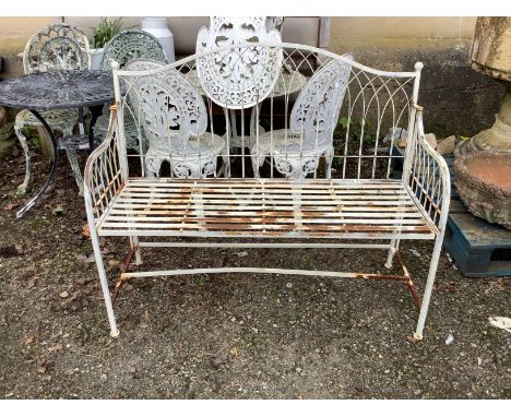 A painted metal folding garden bench, width 114cm, depth 43cm, height 95cm