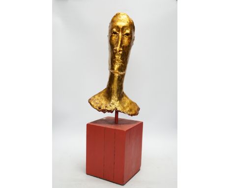 Simon Toone (b.1967), a gilt plaster model of a gentleman’s head on wooden stand, 57cm total
