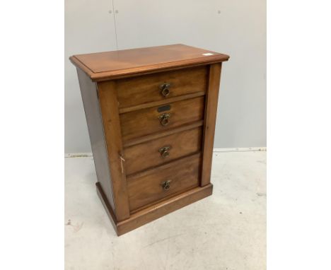 A late Victorian walnut four drawer wellington style chest, brass plaque inscribed 'E A M Fry, May 1884', width 58cm, depth 3