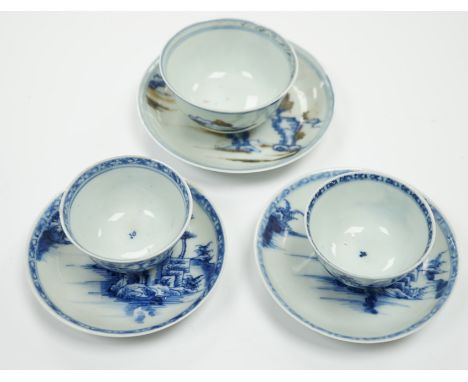 Three Chinese blue and white Nanking Cargo teabowls and saucers, largest 11.5cm diameter First image, top - enamels understan