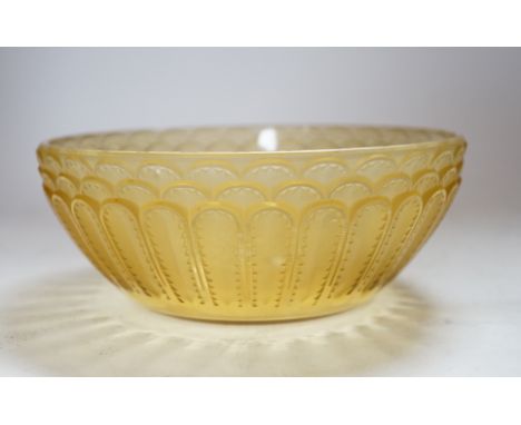 An R. Lalique 'Jaffa' amber glass bowl, 19cm diameter Structurally good; minor surface wear to interior.  Clear stencilled ma