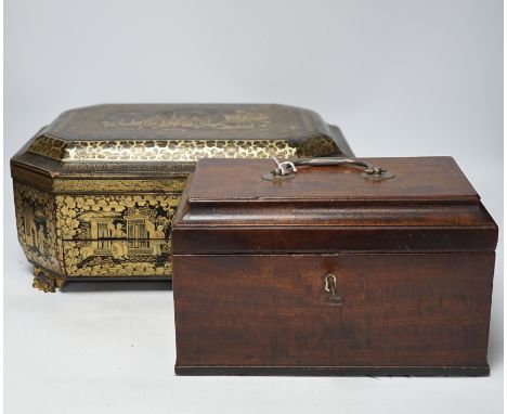 A mid 19th century Chinese export gilt decorated black lacquer work box and a George III mahogany tea caddy