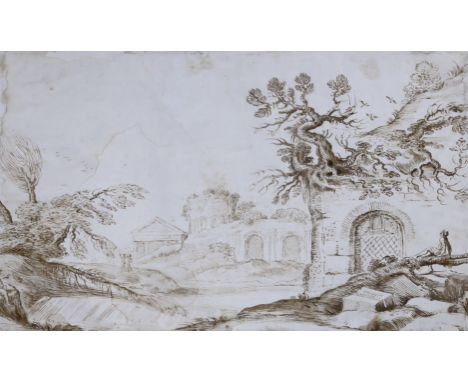18th century Italian, old master sepia ink sketch, Landscape with ruins, mounted, 25 x 40cm, unframed There is staining and c