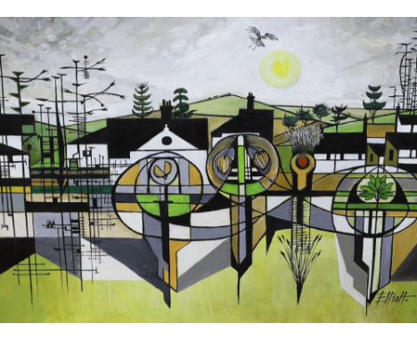 Robin Alexander Elliott (b.1936) oil on canvas, 'Juxtaposition', signed, inscribed verso, 59 x 79cm Born in London in 1936, R