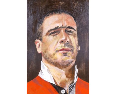 H. Moore, oil on board, Portrait of Eric Cantona, signed 34 x 24cm