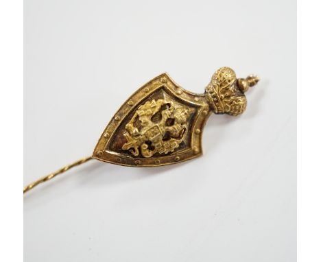 A Russian yellow metal (tests as 14k) Imperial Philanthropic Society for the Vocational Education of Poor Children stick pin,