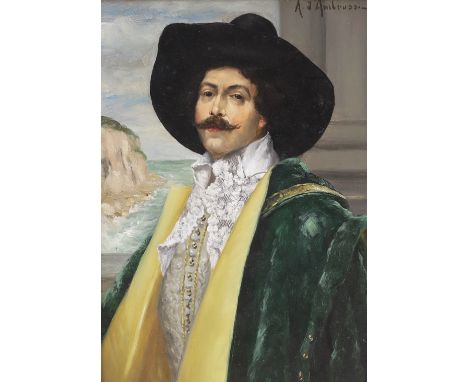 A. D'Ambrossi (Italian), oil on board, Portrait of a Cavalier before a coastal scene, signed, applied plaque to the frame, 31