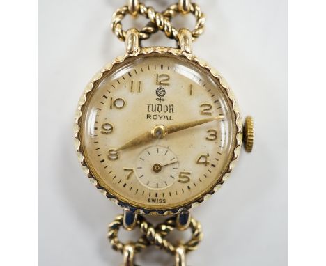 A lady's late 1950's 9ct gold Tudor Royal manual wind wrist watch, , on a 9ct gold Rolex bracelet, overall 18.5cm, gross 22 g