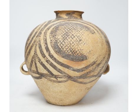 A large Chinese black painted pottery jar, Neolithic, Machang period, with Oxford Thermoluminescence certificate, 33cm
