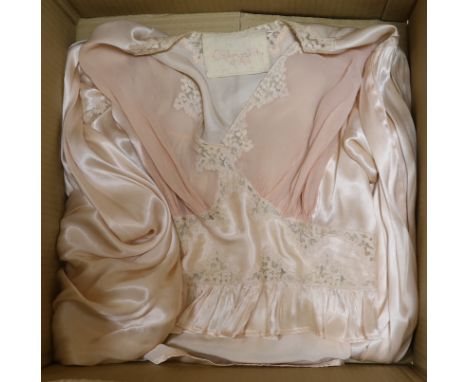 A 1940's pink satin, chiffon and lace inserted blouse Please further images, there are some rust spots and spots of discolour