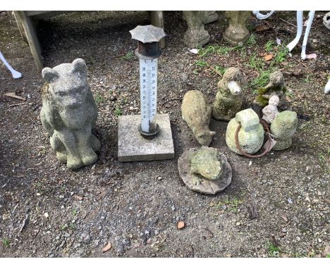 Eight reconstituted stone garden ornaments, largest 53cm together with a garden thermometer