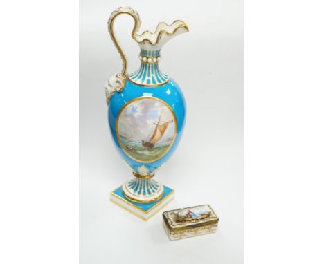 A 19th century Minton turquoise ground ewer, and a Continental porcelain snuff box and cover, ewer 29cm high Ewer handle has 