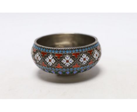 A late 19th century Russian 84 zolotnik and cloisonné enamel salt, assay master Lev Oleks, master Pavel Ovchinnikov, width 75