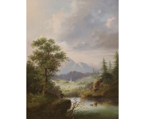 Alfred Bachmann (German, 1863-1956), oil on canvas, Continental river landscape before mountains, signed, 51 x 41cm, applied 