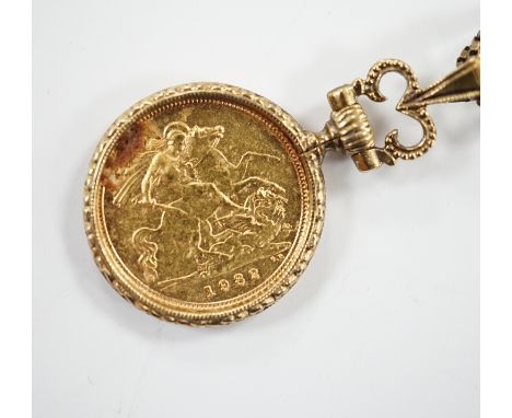 A 1982 gold half sovereign, in yellow metal pendant mount, on a 9ct gold chain, gross 16.4 grams.