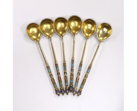 A set of six late 19th century Russian 84 zolotnik gilt white metal and cloisonné enamel coffee spoons, 11.4cm, gross 92 gram