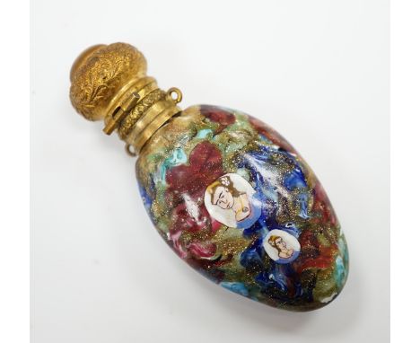 A rare Venetian scent bottle by Francini with inset portrait canes and gilt metal mount, 7.5cm high