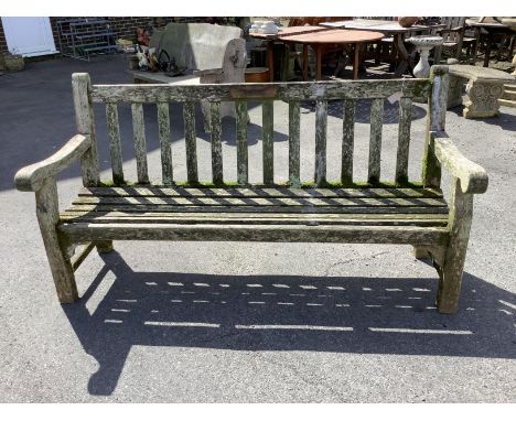 A Lister weathered teak garden bench, width 180cm, depth 63cm, height 95cm